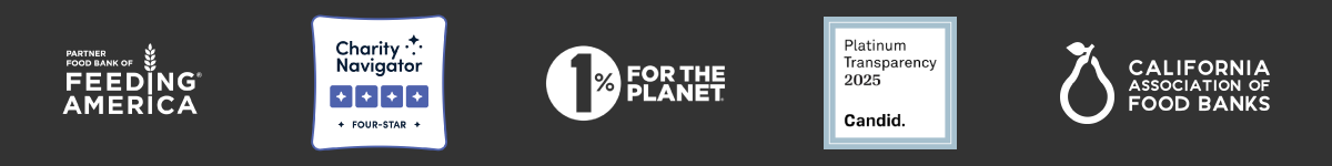 Partner Food Bank of Feeding America, Charity Navigator, 1% for the Planet, Platinum Transparency, and California Association of Food Banks logos