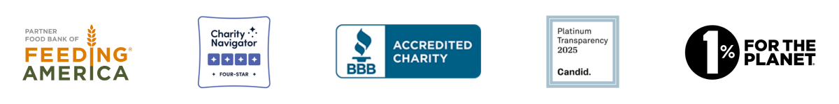 Partner food bank of Feeding America, Charity Navigator, BBB Charity, Platinum Transparency, and 1% for the Planet logos